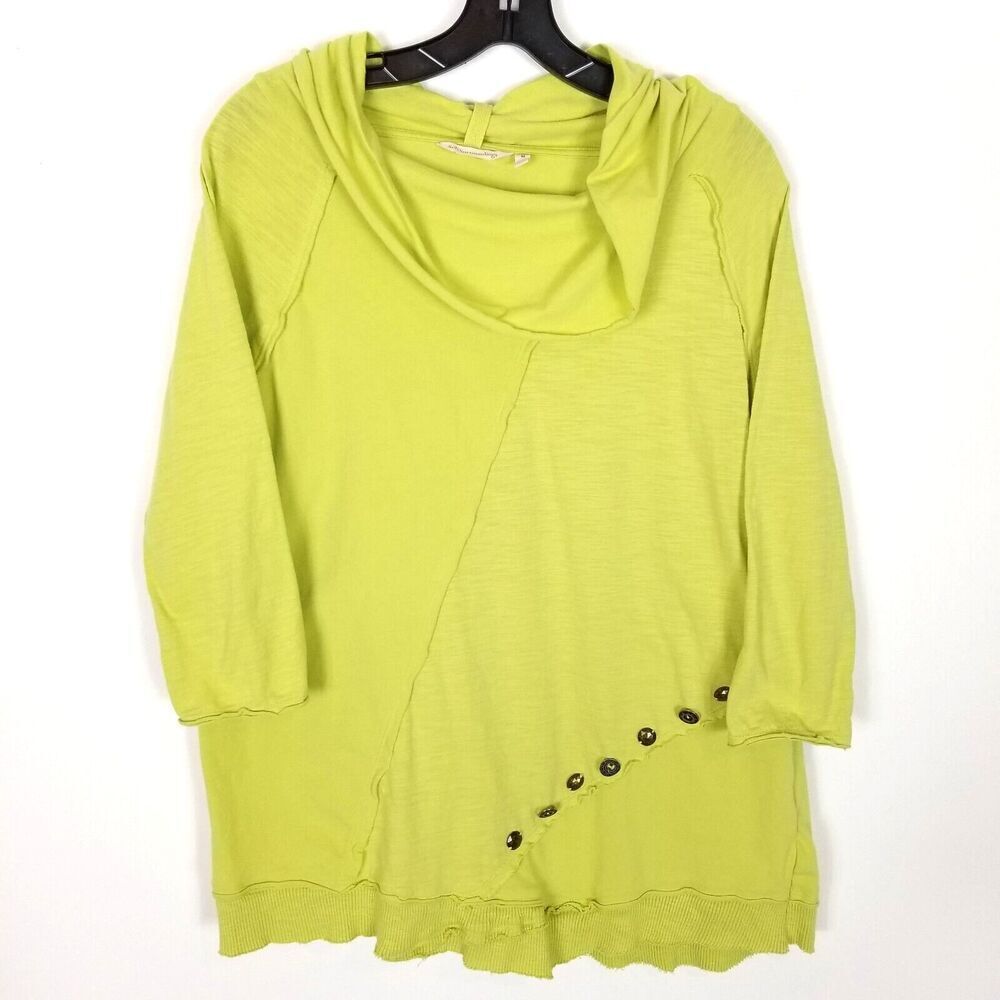 Soft Surroundings Womens Tunic Top Sz M Yellow Cowl Neck 3/4 Sleeves Button Trim